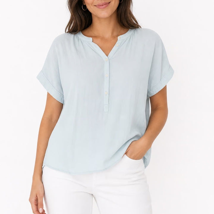 Point Sur J.Crew Womens XL Blue Viscose Henley Short Sleeve Blouse Relaxed Top