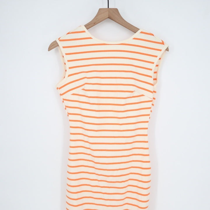 Lulus Chic Existence Midi Dress Womens M Ivory Orange Striped Ribbed Backless