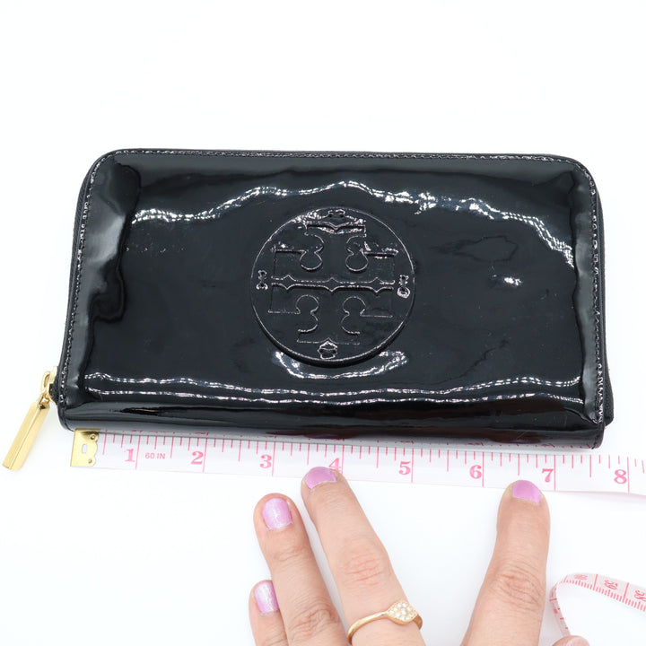 Tory Burch Womens Black Patent Leather Card Slots Zip Around Continental Wallet