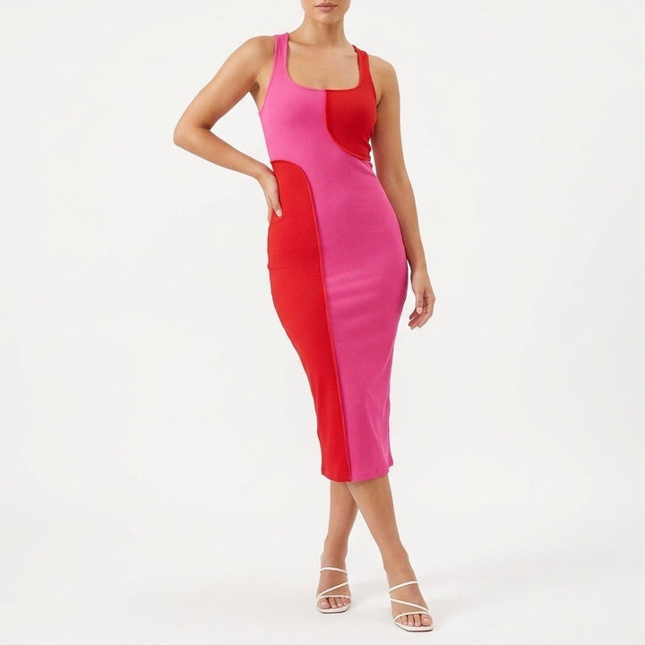 Naked Wardrobe Pink Red Colorblock Ribbed Midi Dress XS Racerback