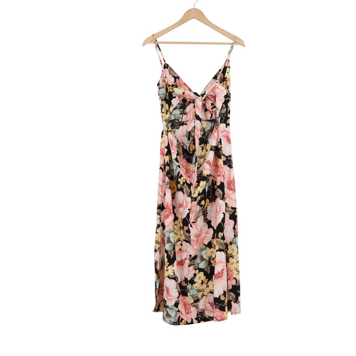 Forever 21 Floral Midi Dress Black Pink Yellow V-Neck Tie Back Cutout Large