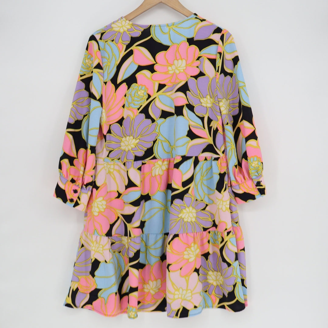 Who What Wear Floral Tiered Mini Dress Pink Blue Purple Black Long Sleeve Medium