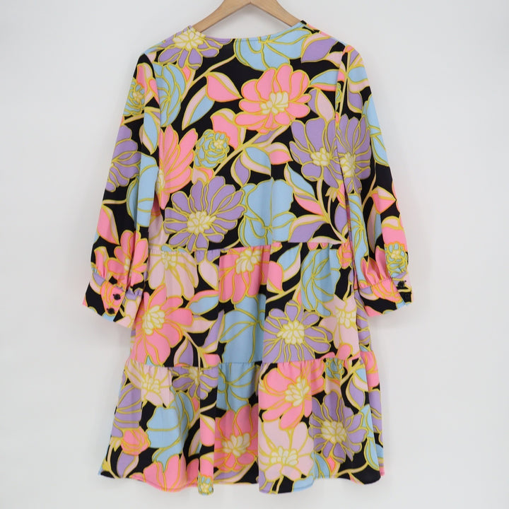 Who What Wear Floral Tiered Mini Dress Pink Blue Purple Black Long Sleeve Medium