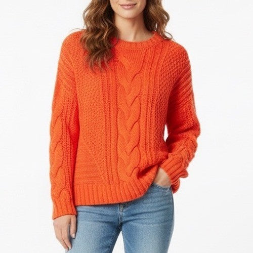 One A Riot Sweater Womens Medium Orange Cable Knit Long Sleeve Crew Neck Outdoor