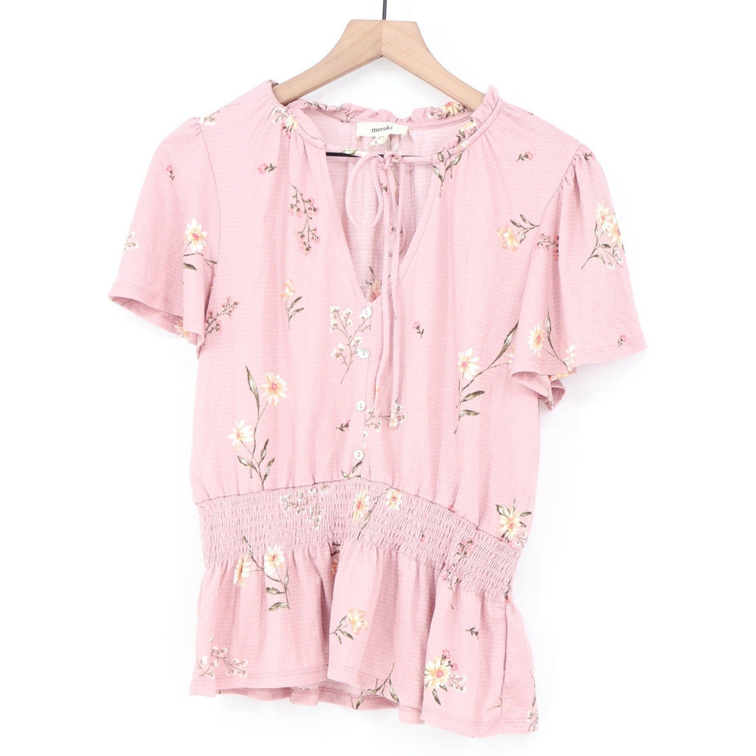 Meraki Pink Floral Smocked Peplum Top V-Neck Tie Flutter Sleeve L
