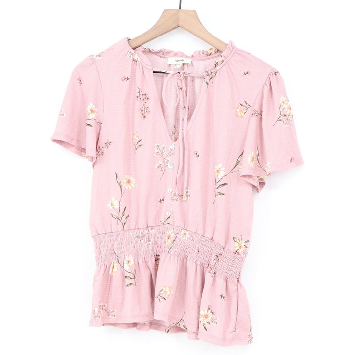 Meraki Pink Floral Smocked Peplum Top V-Neck Tie Flutter Sleeve L