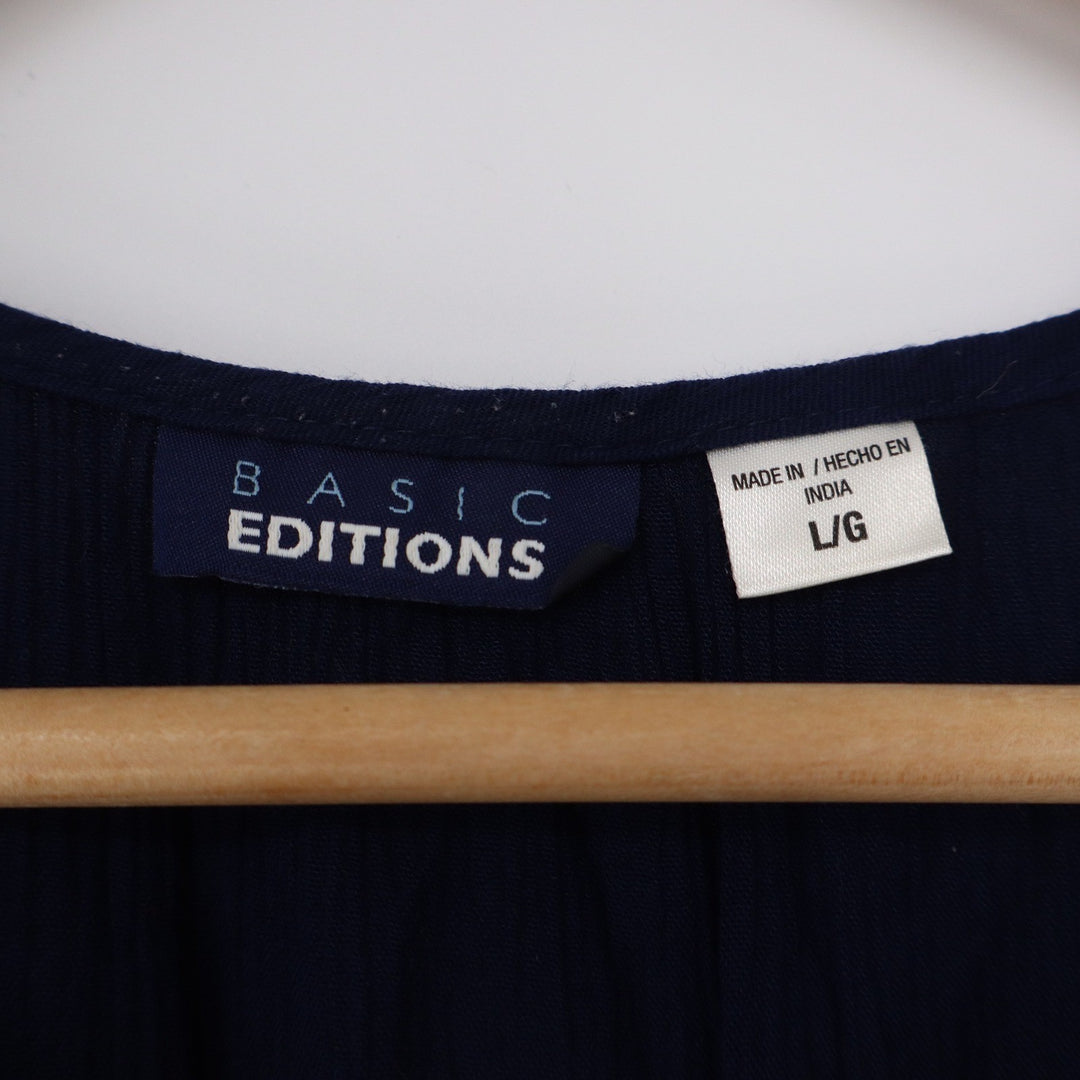 Basic Editions Navy Blue Rayon Crinkle Button Front Short Sleeve Blouse Large