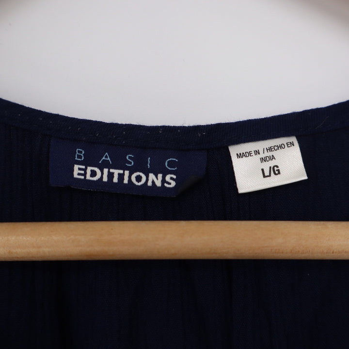 Basic Editions Navy Blue Rayon Crinkle Button Front Short Sleeve Blouse Large
