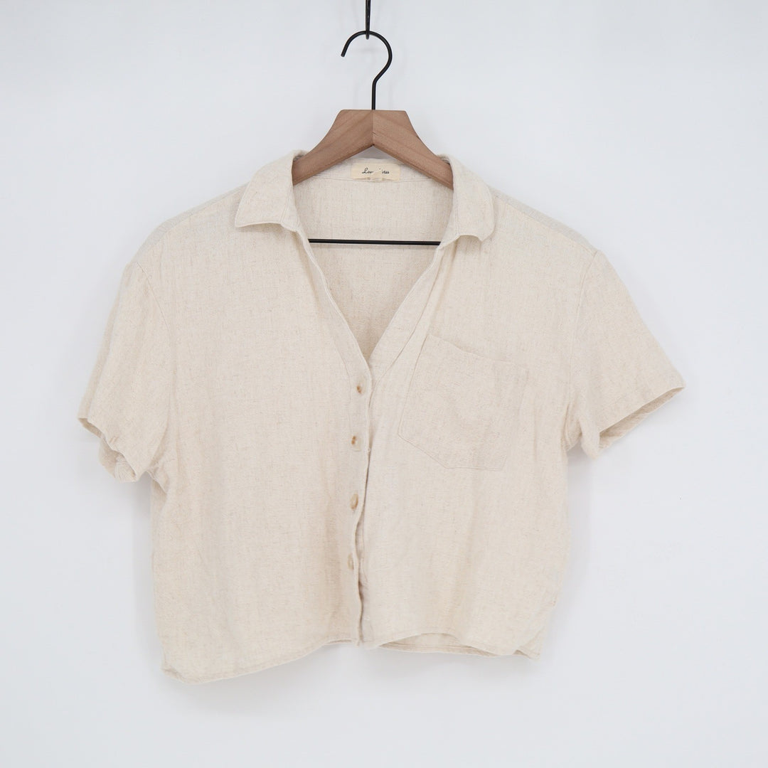 Love Notes Cream Linen Blend Short Sleeve Button Down Cropped Shirt Large