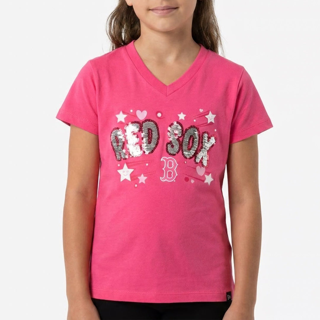 New Era Boston Red Sox Girls Pink Sequin V-Neck T-Shirt Size 14/16 NWT