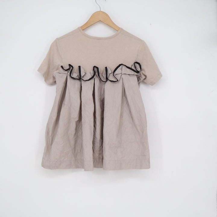 Amma Taupe Mixed Media Ruffle Back Top Short Sleeve Cotton Blend Size 0