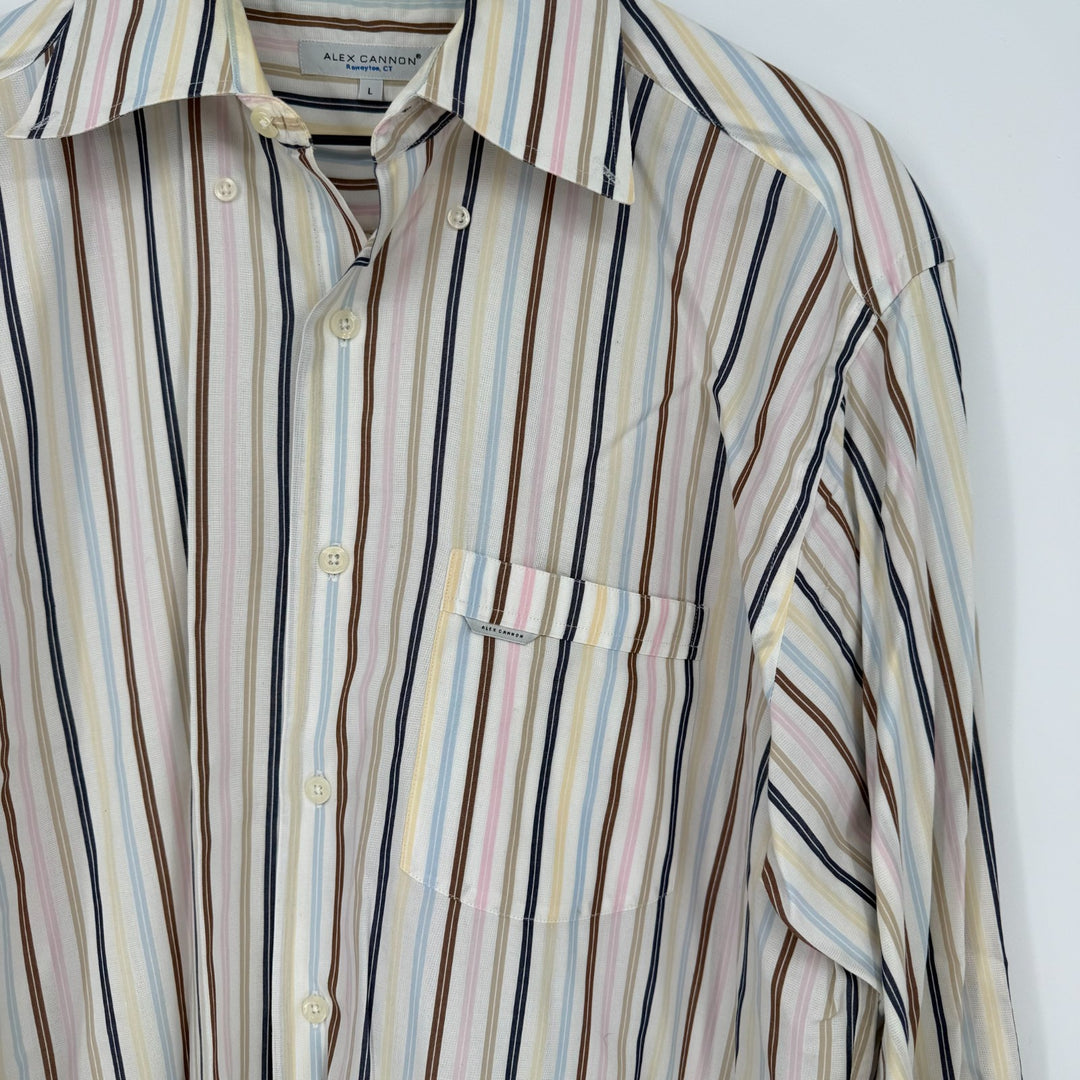 Alex Cannon Shirt Mens Large Multicolor Vertical Stripes Pleated Button Down