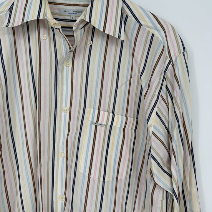 Alex Cannon Shirt Mens Large Multicolor Vertical Stripes Pleated Button Down