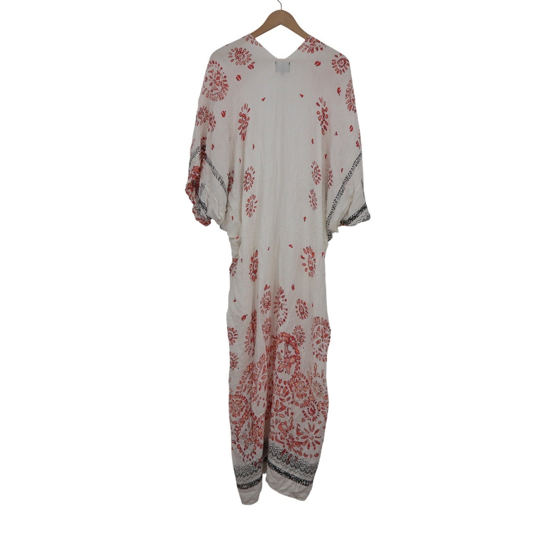 Angie White Coral Pink Floral Kimono Duster Maxi Open Front One Size