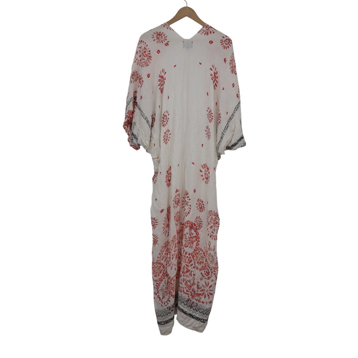 Angie White Coral Pink Floral Kimono Duster Maxi Open Front One Size