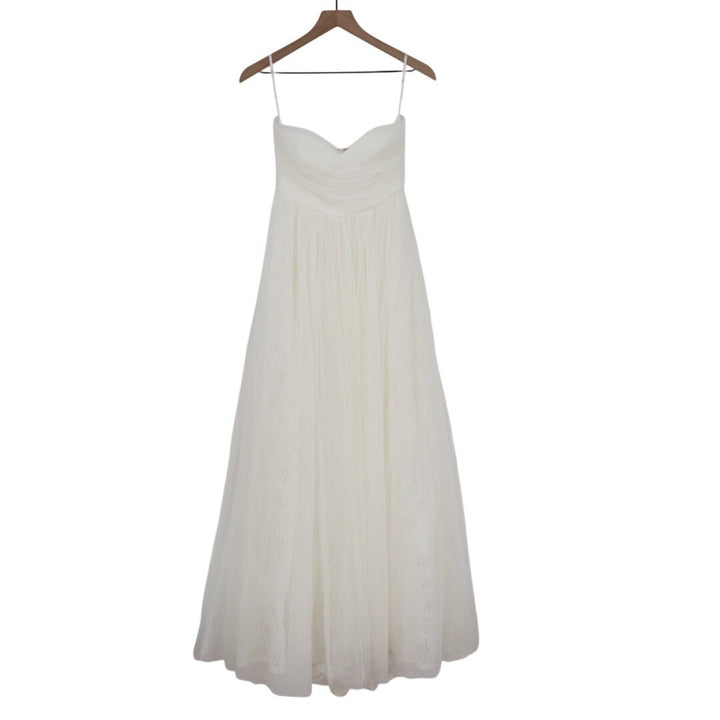 Lulus Blissful Forever Maxi Dress Womens S White Tulle Lace Strapless Pleated