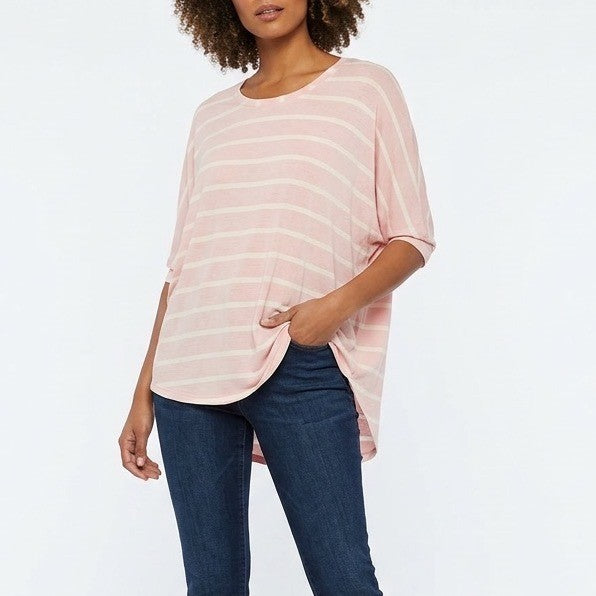 American Dream Blouse Top Womens Medium Pink White Striped Stretch Dolman Sleeve