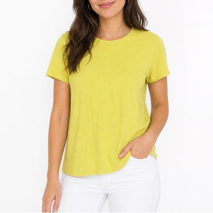 Time and Tru Womens Lemon Lime Yellow Short Sleeve Crewneck T-Shirt Size L 12-14