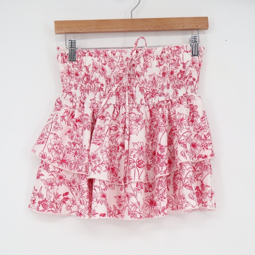 SHEIN Pink White Floral Toile Smocked Tiered Ruffle Mini Skirt Womens Size M