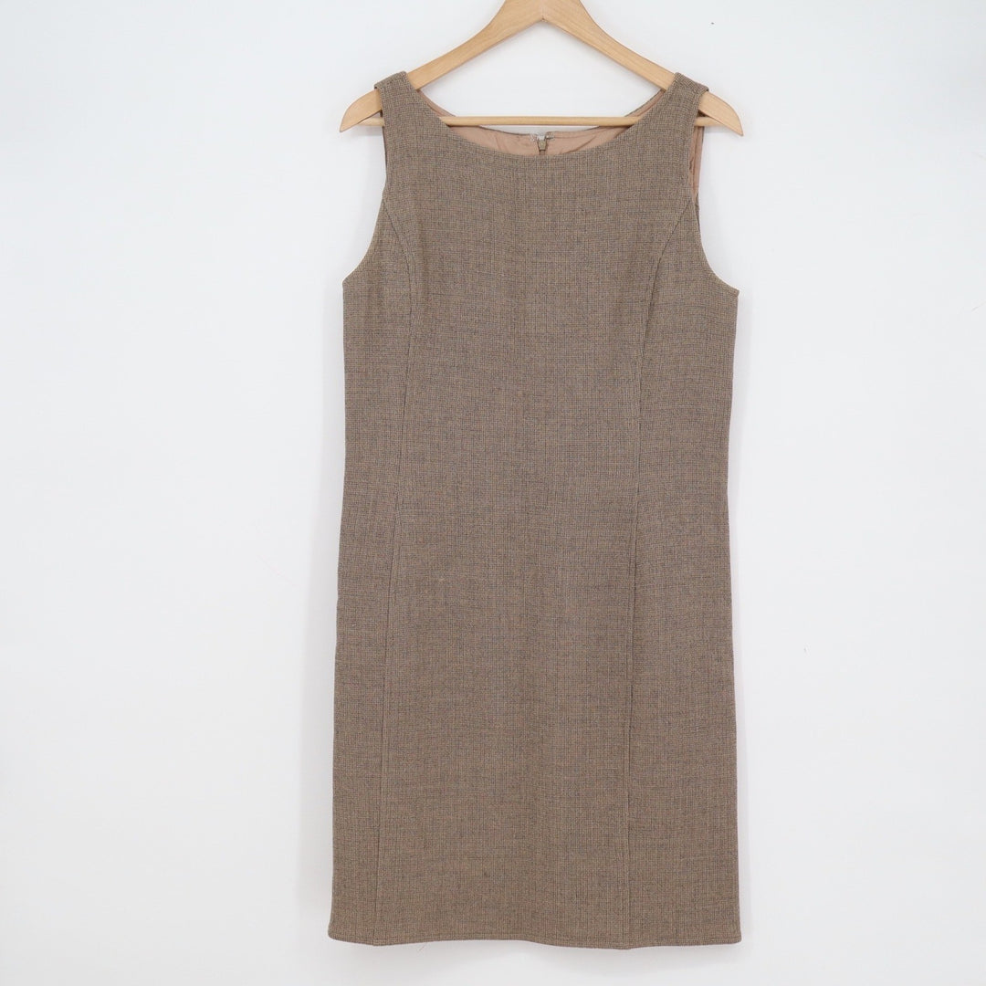 Oscar de la Renta Brown Wool Sleeveless Sheath Dress Size 10 Textured Boat Neck