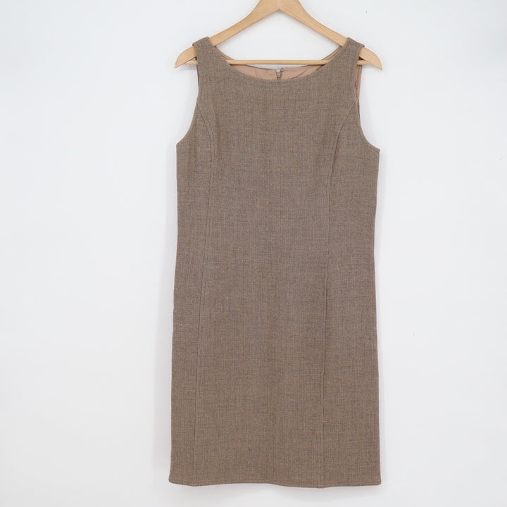 Oscar de la Renta Brown Wool Sleeveless Sheath Dress Size 10 Textured Boat Neck