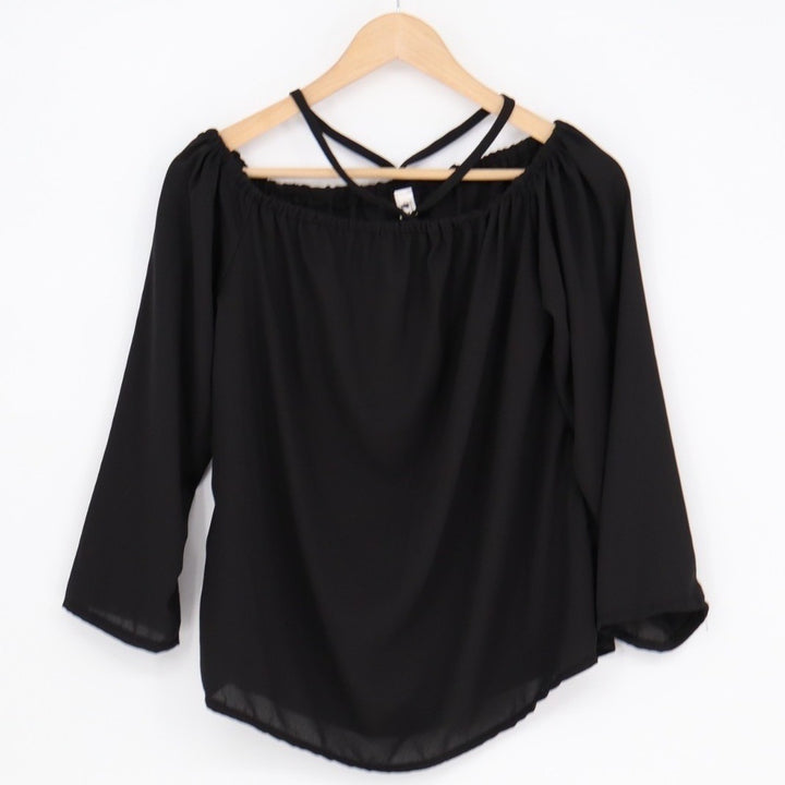 Tunic Top Womens Medium Black Pleated Off-The-Shoulder Strappy Pullover