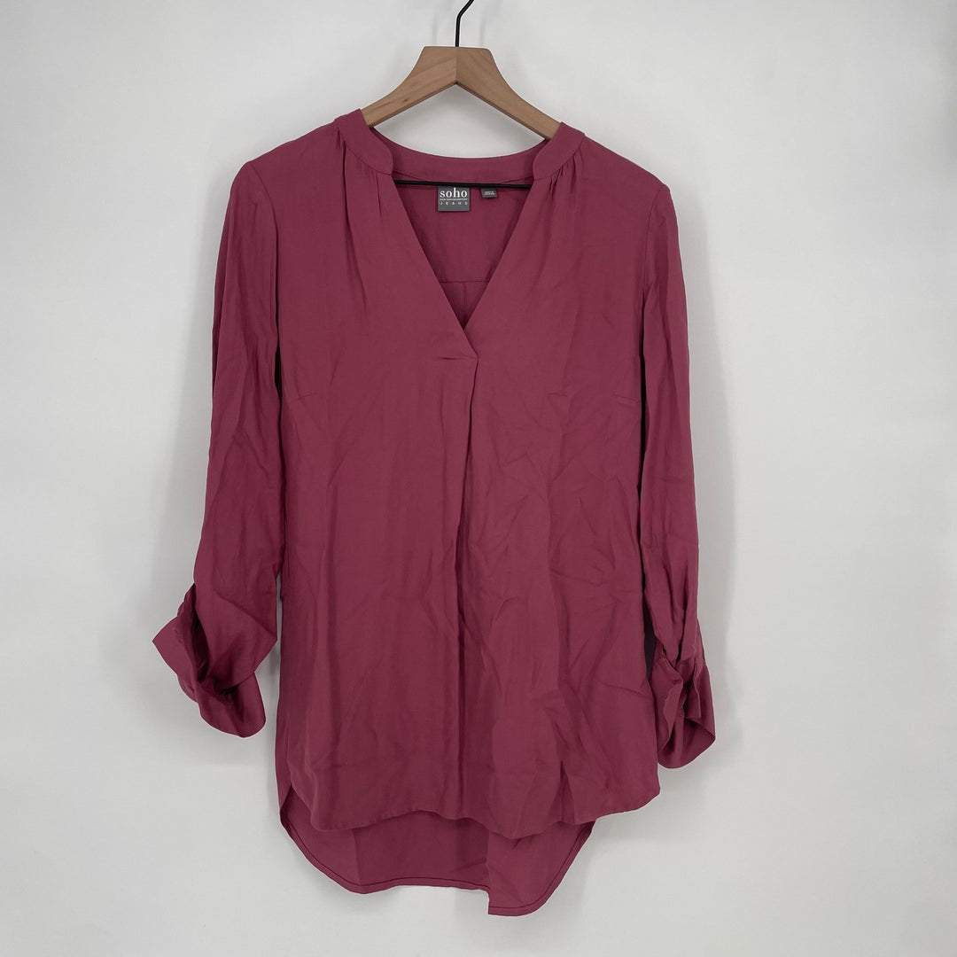 Soho New York & Company Jeans Mauve V Neck Roll Tab Sleeve Tunic Blouse Size S