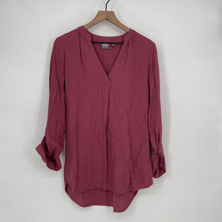 Soho New York & Company Jeans Mauve V Neck Roll Tab Sleeve Tunic Blouse Size S