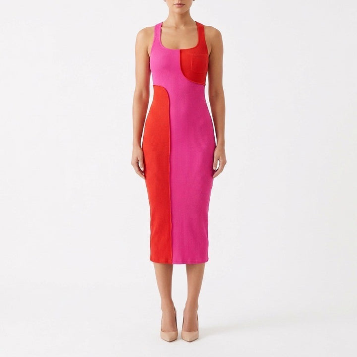 Naked Wardrobe Pink Red Colorblock Ribbed Midi Bodycon Dress XS