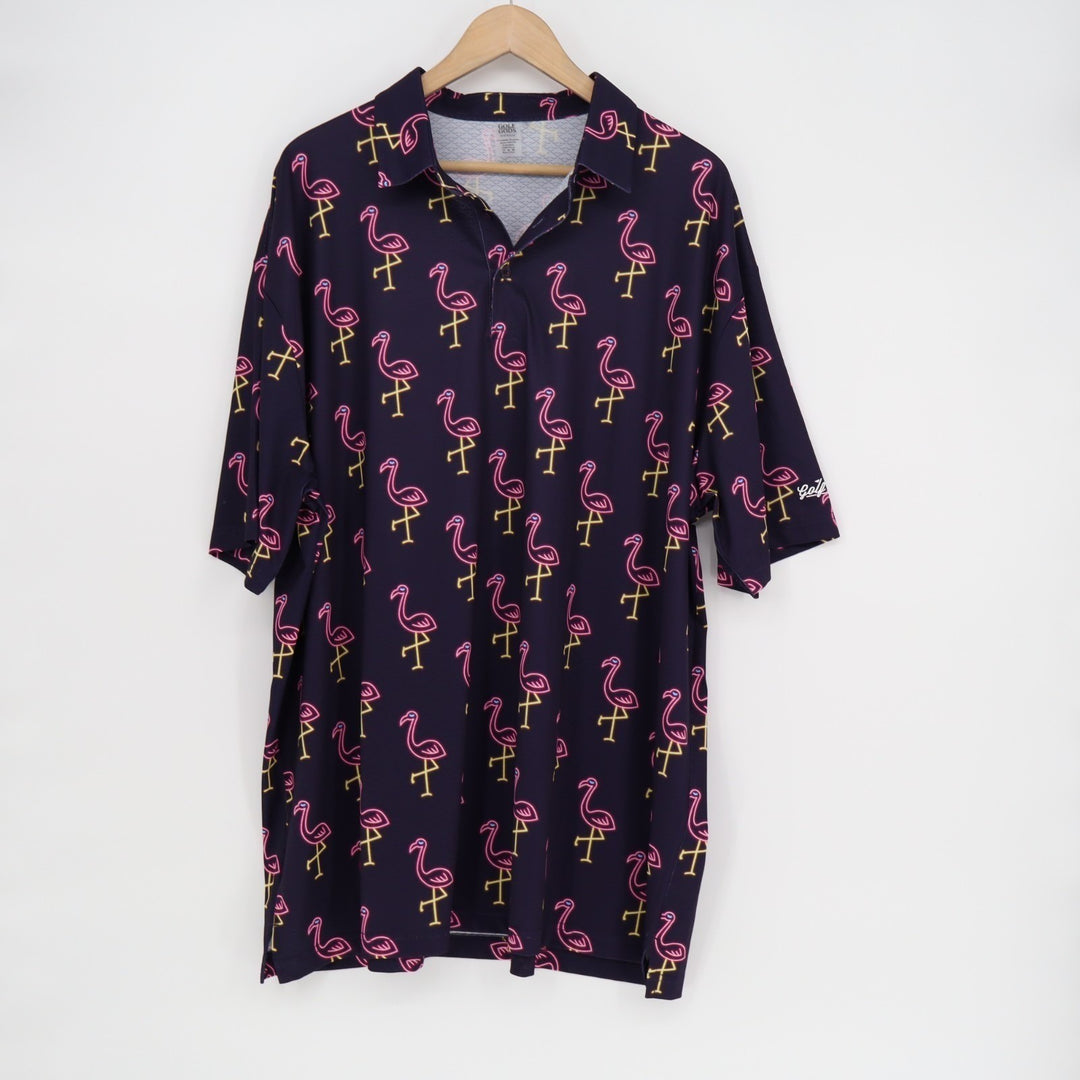 Golf Gods Polo Shirt Mens 3XL Blue Stretch Flamingo Print Short Sleeve Pullover