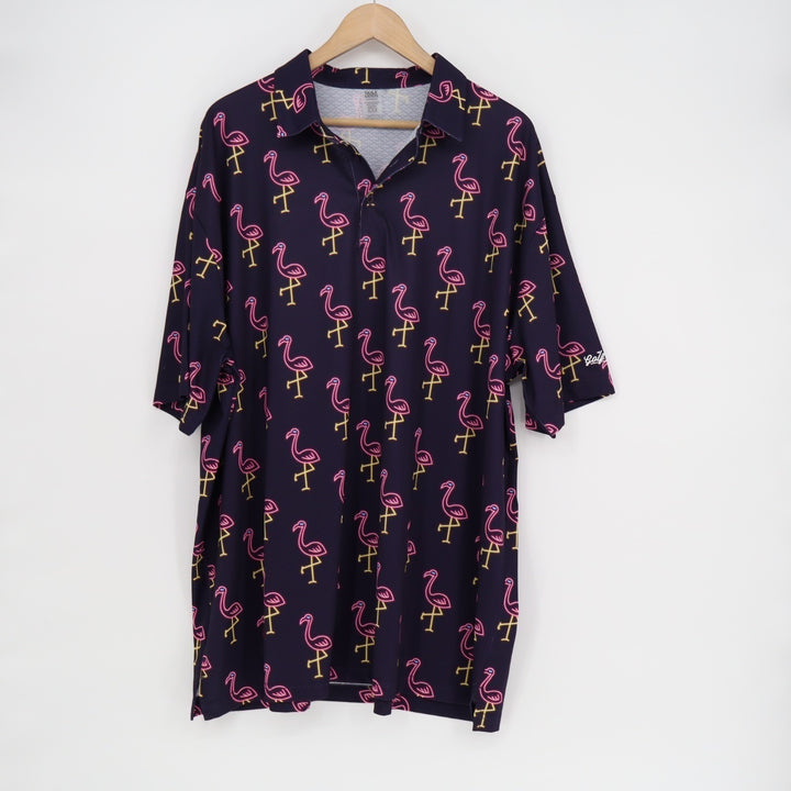 Golf Gods Polo Shirt Mens 3XL Blue Stretch Flamingo Print Short Sleeve Pullover