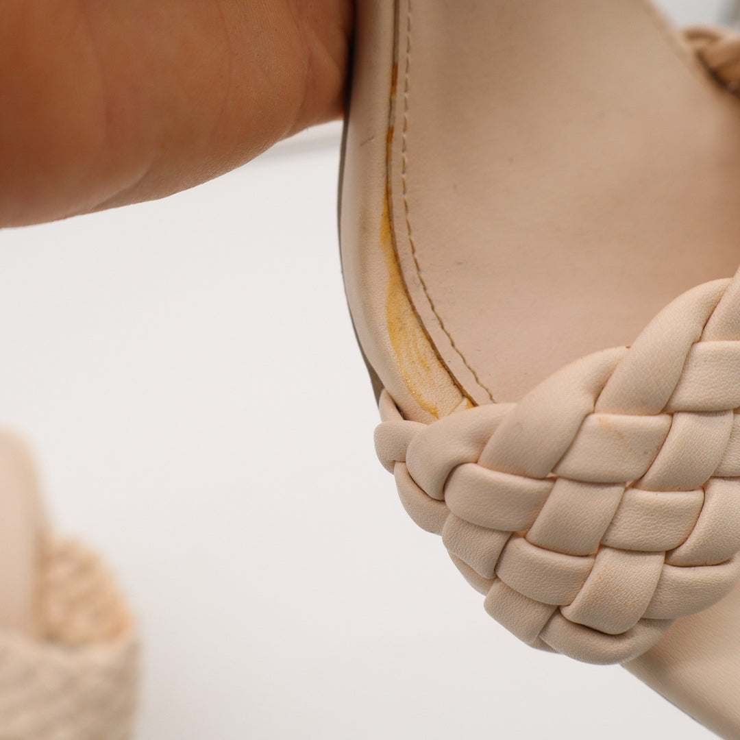 Cream Braided Double Strap Mule Heels Square Toe Block Heel Sandal Beige