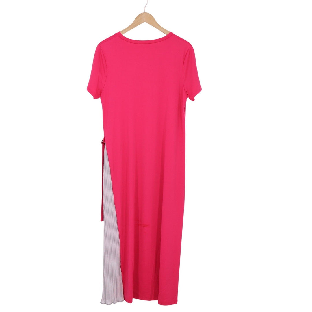 DEENRSEE Dress Womens L Asymmetrical Pleated Side Panel Pink V-Neck Good