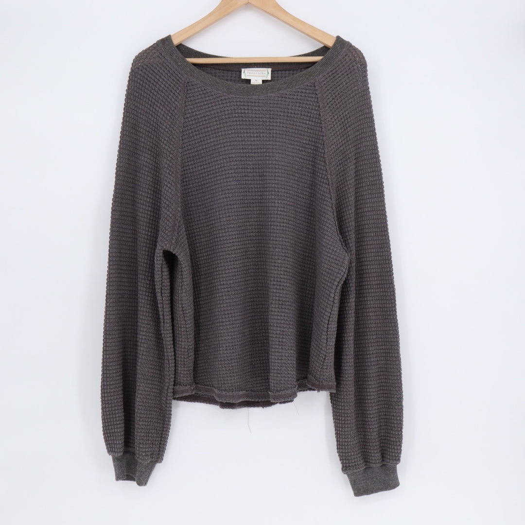 Love Riche Sweater Womens Medium Gray Waffle Knit Ribbed Raglan Sleeve Boat Neck