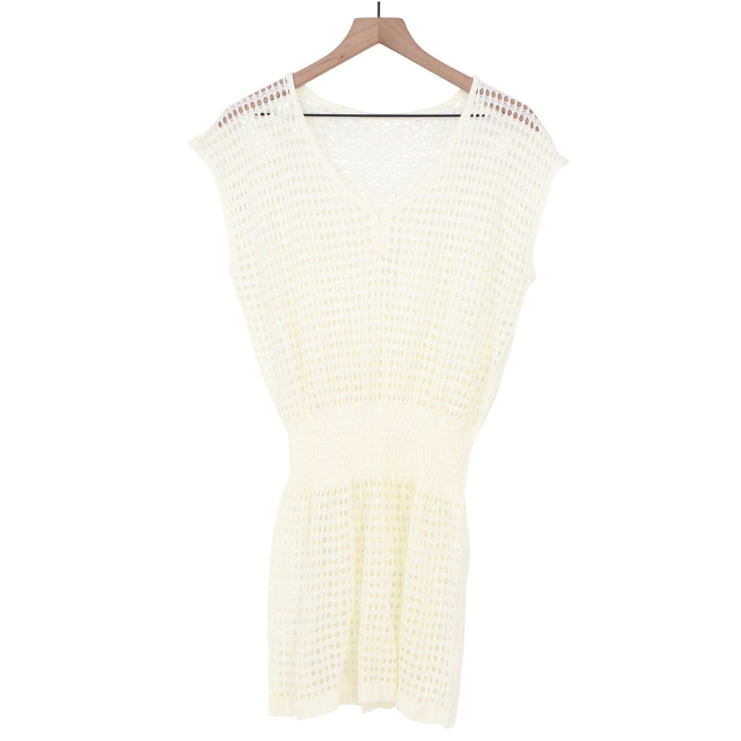 Cream Crochet Open Knit Swim Cover Up Dress Smocked Waist One Size V-Neck Tunic