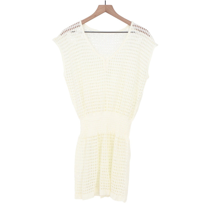 Cream Crochet Open Knit Swim Cover Up Dress Smocked Waist One Size V-Neck Tunic