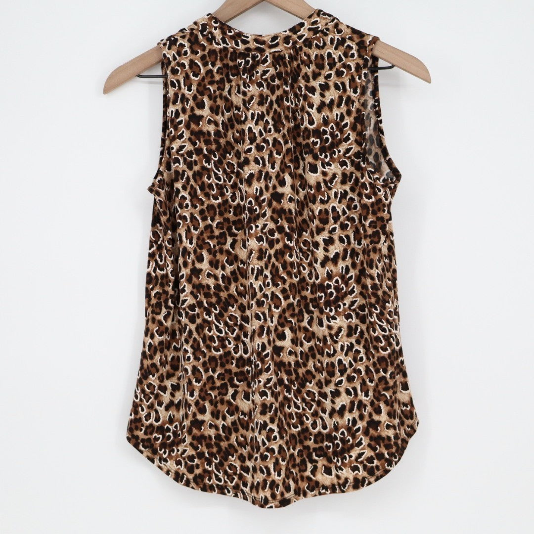 Amana Tank Top Womens Medium Brown Stretch Leopard Print Split Neck Round Hem