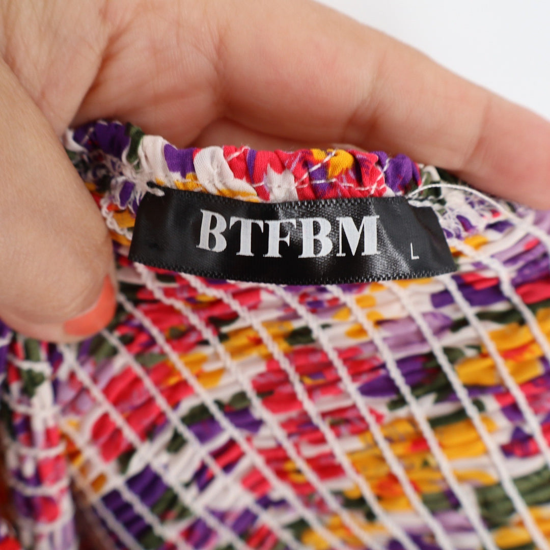 BTFBM Floral One Shoulder Smocked Tiered Maxi Dress Purple Orange Yellow Large