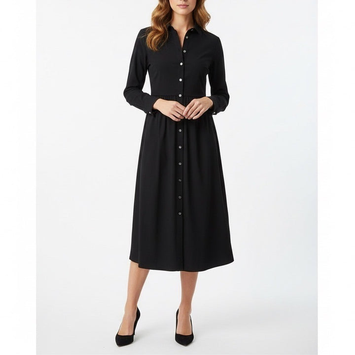 J. Crew Midi Shirt Dress Womens 4 Petite Black Cotton Stretch Spread Collar