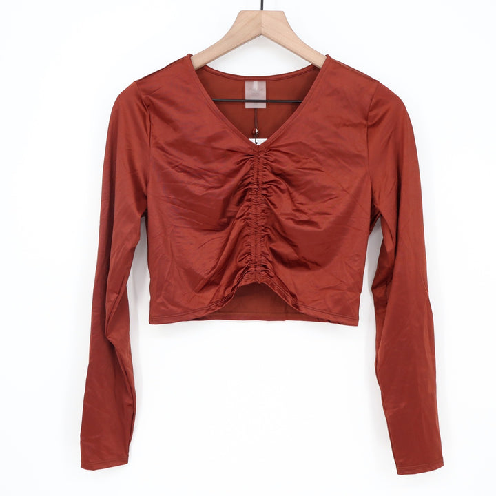CALIA Women's Ruched Long Sleeve Rashguard Red Brown Shine UPF 50+ Medium