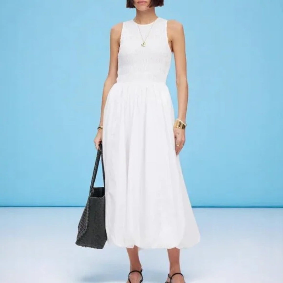 Madewell The Melody Bubble-Hem Smocked Midi Dress In Poplin Size S