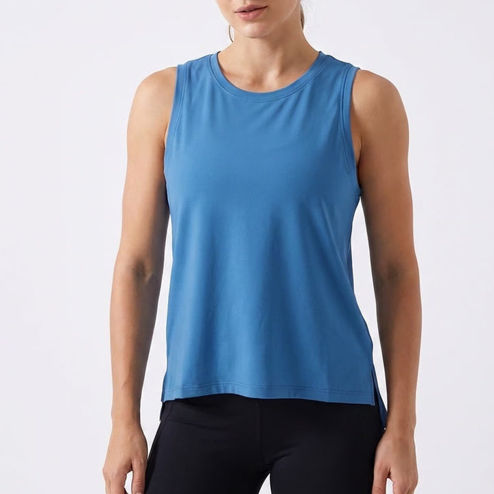 Tank Top Womens Blue Side Slit High Low Hem Crew Neck Running Yoga Activewear