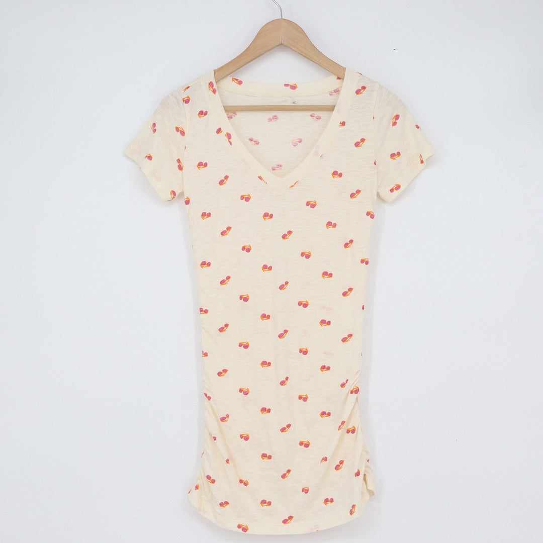 Sunglasses Print Ruched V-Neck Longline Cotton T-Shirt Cream XS
