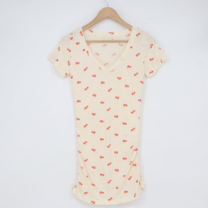 Sunglasses Print Ruched V-Neck Longline Cotton T-Shirt Cream XS