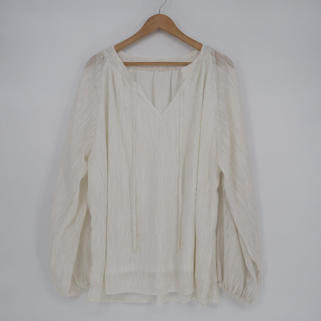 Blouse Womens 2XL Ivory Satin Pleated Long Sleeve Slid Split Split-Neck Pullover
