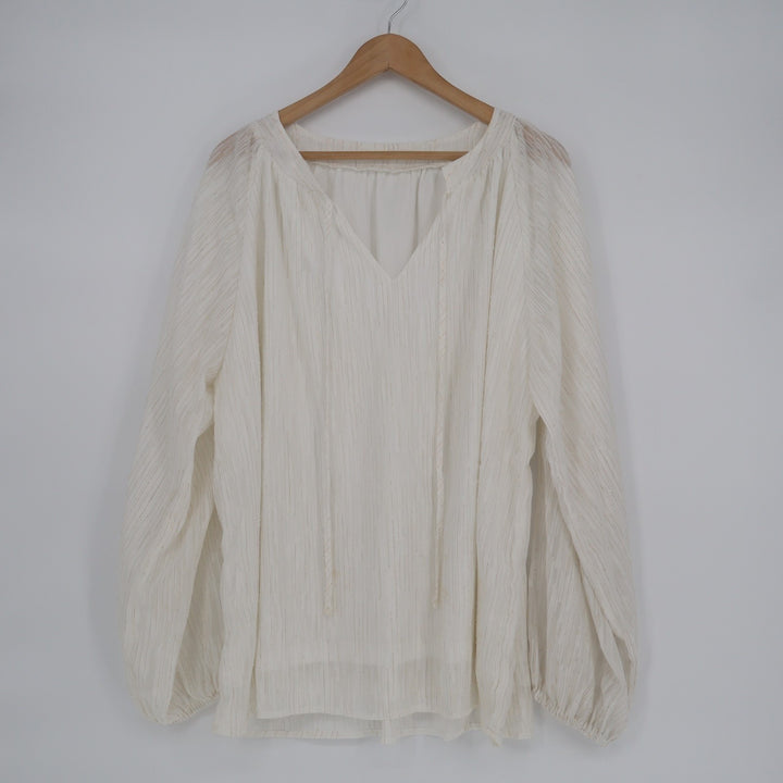 Blouse Womens 2XL Ivory Satin Pleated Long Sleeve Slid Split Split-Neck Pullover