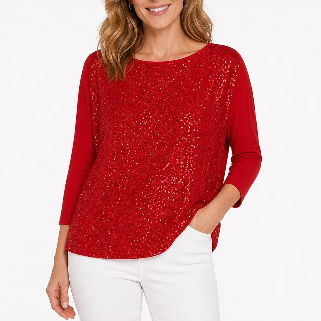 Sag Harbor Woman Red Sequin Front Long Sleeve Holiday Blouse Top 3X