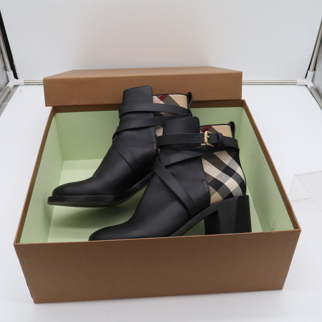 Burberry New Pryle 70 Black Leather Vintage Check Ankle Boots EU 39