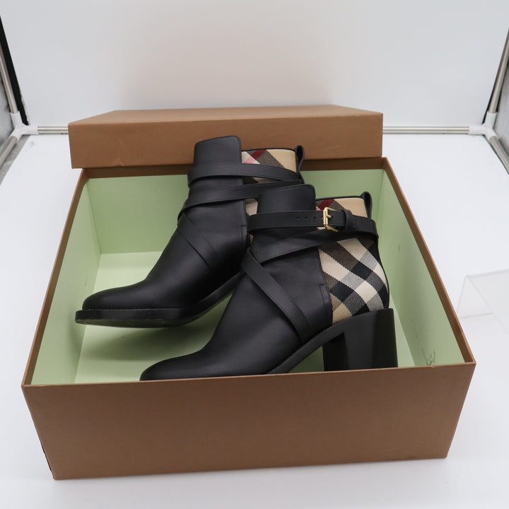 Burberry New Pryle 70 Black Leather Vintage Check Ankle Boots EU 39