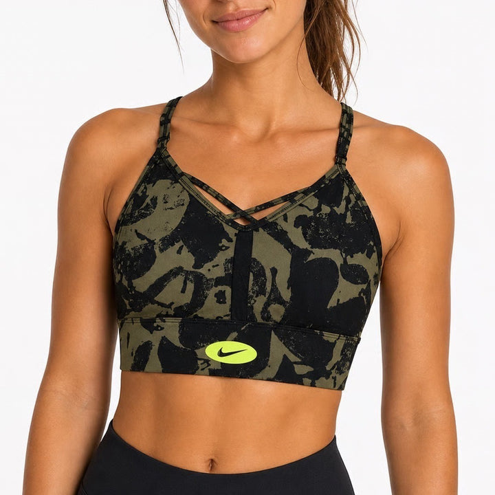 Nike Dri-FIT Indy Sports Bra Medium Olive Green Black Camo Neon Swoosh